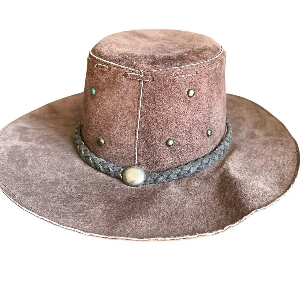 Leather Cowboy Hat Unisex Size M Men Women Vintage Brown Suede Retro Western